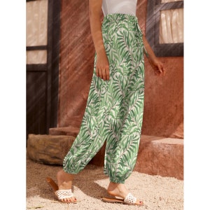Green leaves Carrot Pants, Summer Loose Boho Trousers, Bohemian Flowy Pants, Harem Pants, Dressy Pants, Cottagecore Botanical Clothing