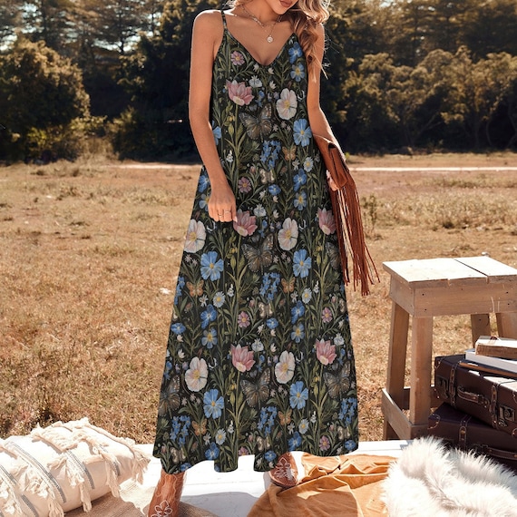 FLORAL BUTTERFLIES Maxi Sun Dress, Dark Cottagecore Ankle Length Dress,  Mystical Witchy Dress, Spaghetti Straps Sarafan, Summer Sundress - Etsy  Israel