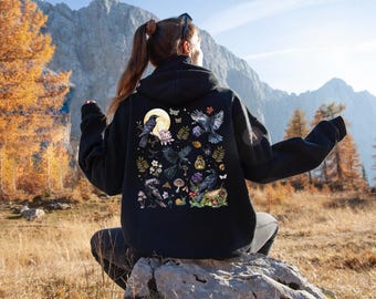 RAVENS Fall inspired Zip Up Hoodie, BLACK CROW Hooded Sweatshirt, Dark Cottagecore Jacket, Witchy Zipper, Mystical Whimsigoth Hoodie