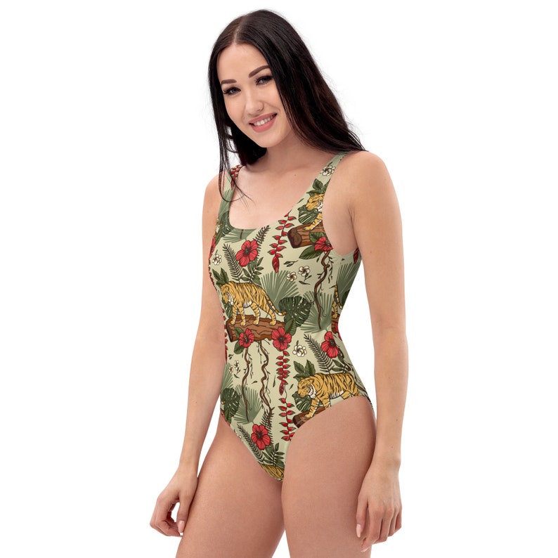 RETRO TIGER Tropical Swimsuit for Wild and Free Ladies, Safari Animal Swimming Suit, Tropical Jungle Wildlife Bathing Suit