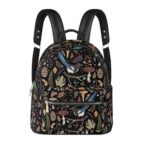 Petit sac à dos en cuir végétalien MAGPIE BIRD, sac à dos en cuir PU Pies, sac à dos sorcière avec design Pies, grenouille, champignons, papillons et plantes