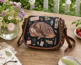 Fawn Waterproof Canvas Saddle Bag with Brown Vegan Leather Straps, Deer & Mushrooms Crossbody Saddle Bag, Enchanted Forest Shoulder Bag