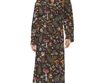 Bata larga de franela para mujer ENCHANTED FOREST, ropa de casa de bruja, bata de baño con hongos, bata tipo kimono con plantas del bosque, ropa de estar en casa de estilo cottagecore oscuro