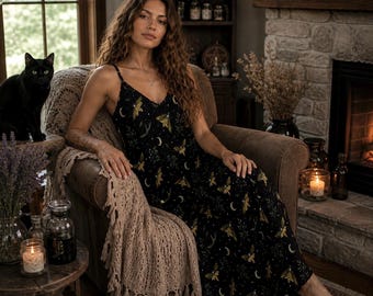 Death Head Hawkmoth Maxi Dress, Witchy Black Sundress, Whimsigoth Dress, Moon Moth Dress, Dark Cottagecore Outfit, Gothic Summer Dress
