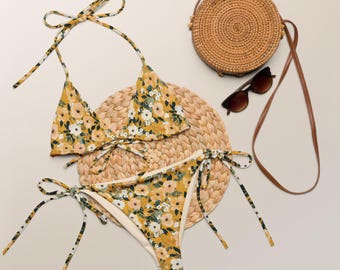 Musztardowo-żółty komplet bikini z recyklingu, retro kwiatowy kostium kąpielowy, kwiatowy strój kąpielowy, brazylijski komplet bikini w kwiaty w stylu vintage
