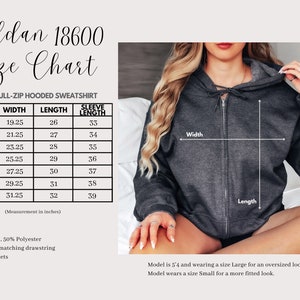May include: Size chart for a unisex full-zip hooded sweatshirt. The chart shows the width, length, and sleeve length in inches for sizes S through 4XL.