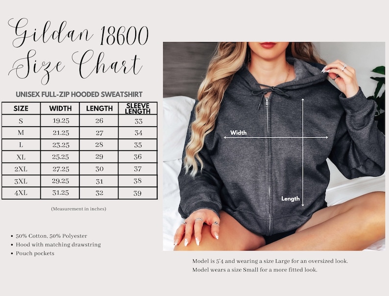 May include: Size chart for a unisex full-zip hooded sweatshirt. The chart shows the width, length, and sleeve length in inches for sizes S through 4XL.