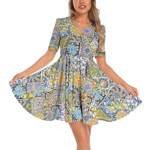 SICILY styled Short Sleeve Ruched Bust Flared Hem Dress, Majolica Summer Dress, Italian Mosaic Dress, Italian Vacation Dress, Amalfi dress