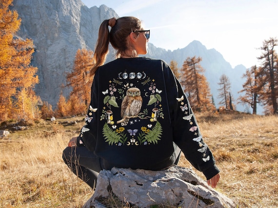 MYSTICAL WOODLAND Sweatshirt with Owl design on the back Frog on the front and Butterflies on Sleeves, Cottagecore Sweater for Nature Lovers