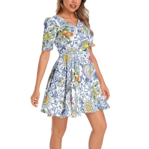 La DOLCE VITA Short Sleeve Ruched Bust Flared Hem Dress, Mediterranean  Tiles Citrus & Flowers Mini Dress, Italian Blue Mosaic Summer Dress - Etsy  Israel