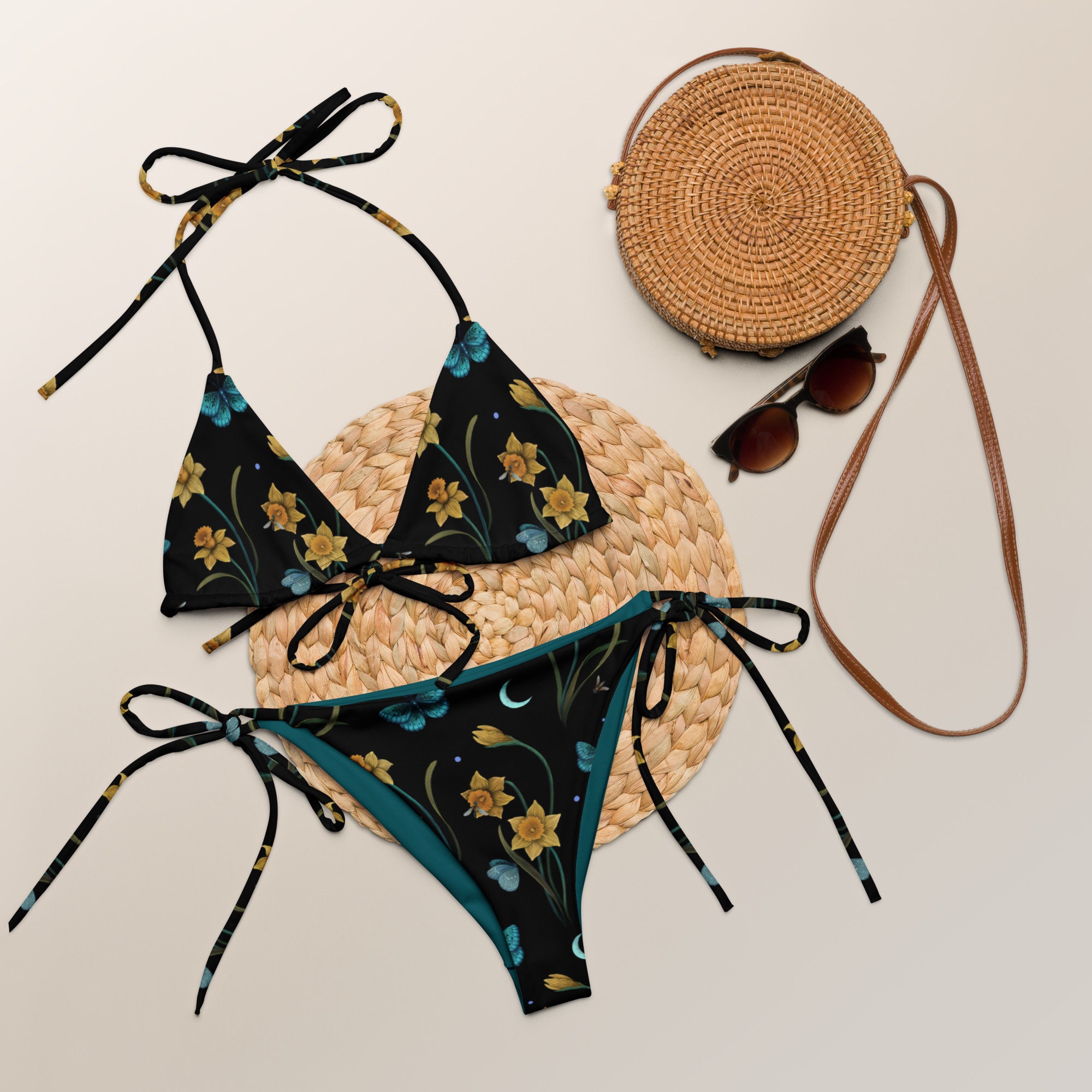 水着・ラッシュガード Knuth Marf flower paint swimwear bikini Daffodil & Blue Moth Recycled Bikini, Spring Flowers Swimming Suit