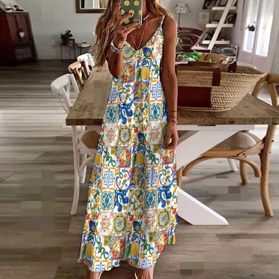 MAJOLICA Sling Dress, Italian Tiles Ankle Length Sundress