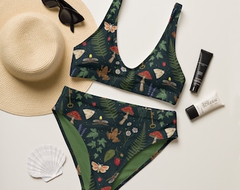 Woodland Treasures Recycled high-waisted bikini with Fern Mushrooms Frog Moth and Wildflowers, Botanical Swimming Suit, Woodland Swimsuit