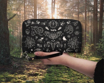Cartera de cuero vegano GOTHIC con polilla esqueleto y flores, cartera de cuero PU de criaturas místicas, embrague Witchcore, bolso gótico, cartera gótica