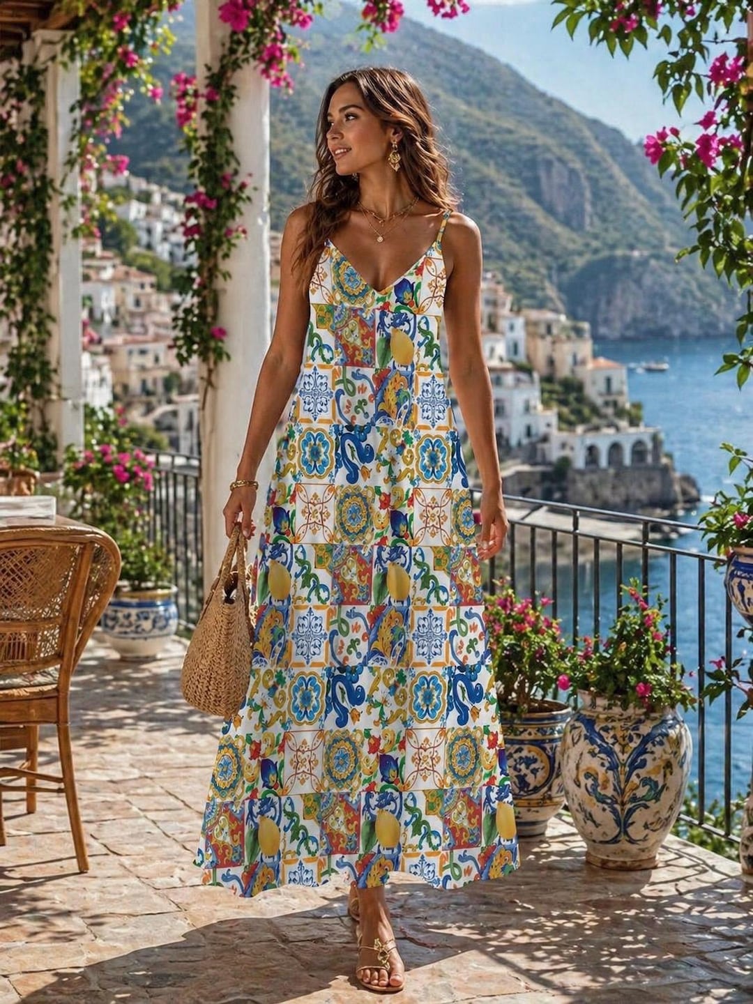 MAJOLICA Sling Dress, Italian Tiles Ankle Length Sundress MAJOLICA Sling Dress, Italian Tiles Ankle Length Sundress