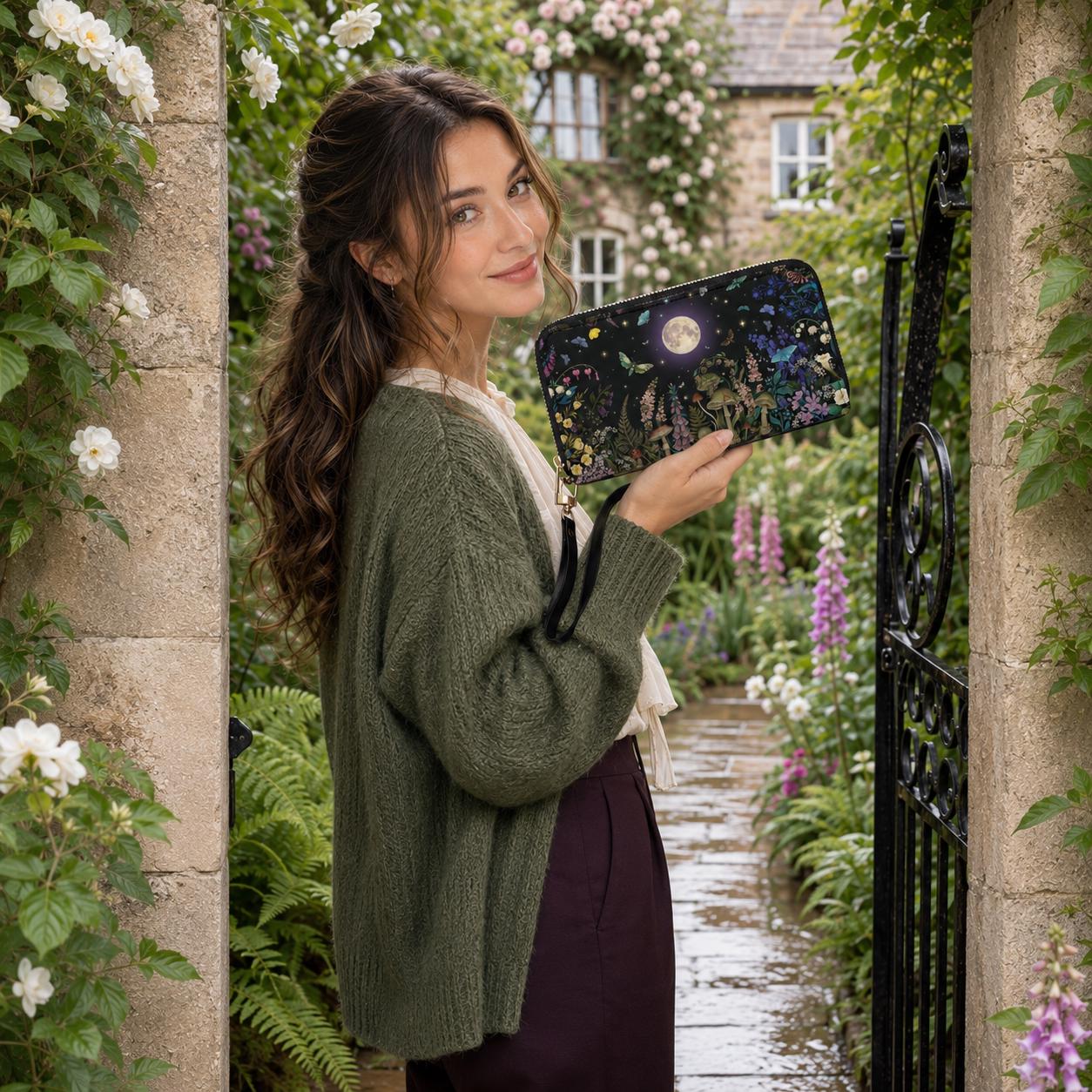 MIDNIGHT GARDEN Vegan Leather Wallet With Mushrooms Flowers Moth MIDNIGHT GARDEN Vegan Leather Wallet With Mushrooms Flowers Moth