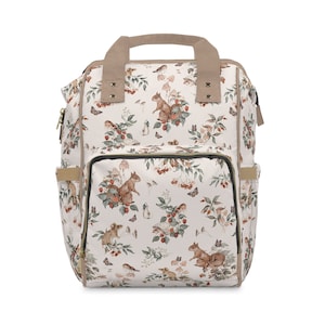 May include: A white canvas backpack with a brown faux leather handle and trim. The backpack features a repeating pattern of squirrels, birds, butterflies, and berries.