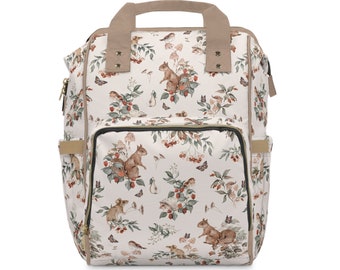 Joli sac à dos à couches WOODLAND avec imprimé écureuils souris et oiseaux, sac à dos imperméable animaux de la forêt, cadeau pour amoureux de la nature, week-end d'une nuit