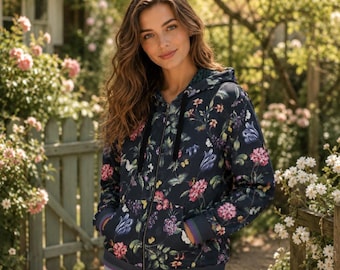 Sudadera con capucha y cremallera reciclada de JARDIN, chaqueta con cremallera estilo cottagecore, sudadera con capucha con estampado floral de flores y mariposas, sudadera con capucha de flores bohemias, chaqueta floral bohemia