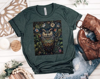 WILLIAM MORRIS OWL T-shirt, Enchanting Floral Owl Shirt, Cottagecore Owl Tee, Mystical Forest Shirt, Bird Watchers Gift, Nature Lover gift