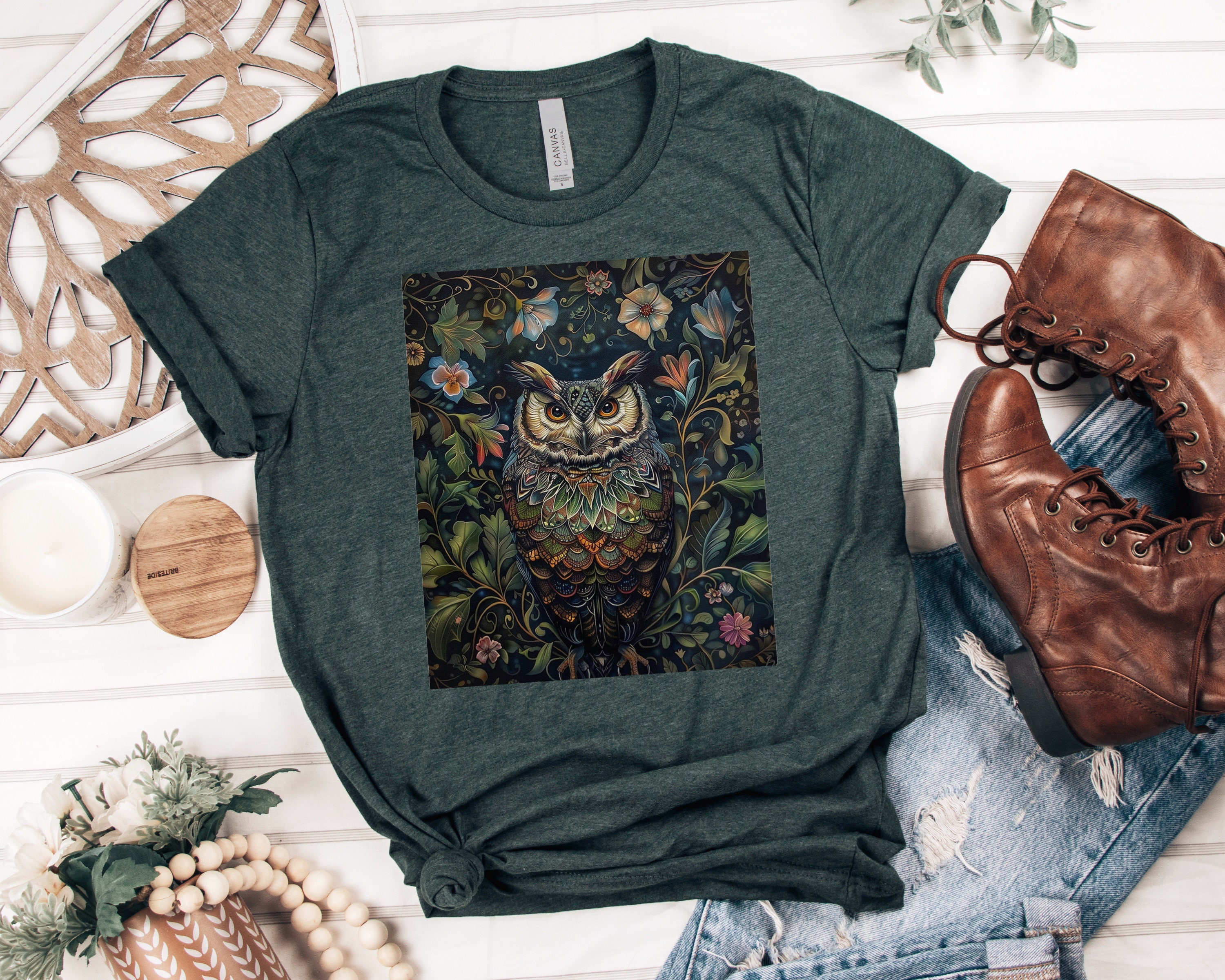 WILLIAM MORRIS OWL T-shirt, Enchanting Floral Owl Shirt, Cottagecore Owl Tee, Mystical Forest Shirt,