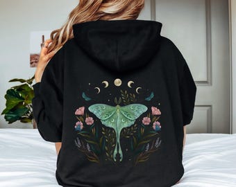 LUNA MOTH DANCE Full Zip Hoodie with Moon Phases and Flowers, Floral Butterfly Hooded Sweatshirt, Green Moth Hoodie, Mystical Zip Up Hoodie