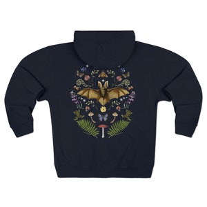 DARK COTTAGECORE Zip Up Hoodie with Vintage Bat Moon Phases Moth Frog Mushroom Butterfly Snails Fern & Wildflowers, Mystical Woodland Hoodie Navy