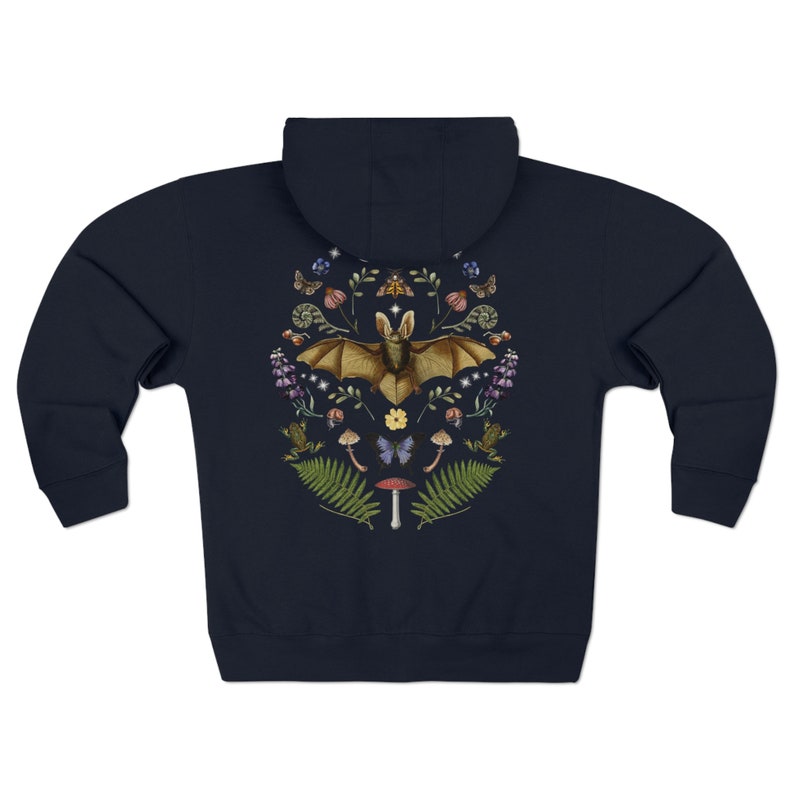 DARK COTTAGECORE Zip Up Hoodie with Vintage Bat Moon Phases Moth Frog Mushroom Butterfly Snails Fern & Wildflowers, Mystical Woodland Hoodie Navy