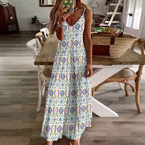 ITALIAN TILES Sling Dress, Mediterranean Sundress, Mozaic Ankle Length Sun Dress, Sicily inspired Sun Dress, Beach cover dress, Casual dress