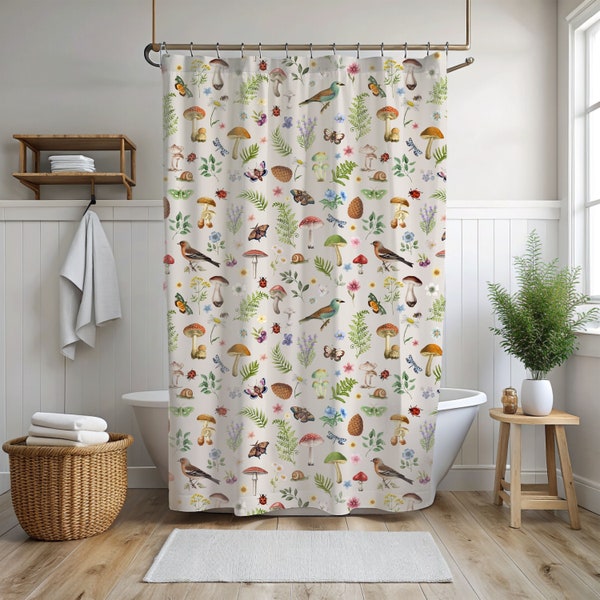 COTTAGECORE FOREST BIRDS Fabric Shower Curtains, Nature inspired gift, Country Bathroom Decor, Botanical Shower Curtains, Bird nerd gift