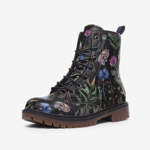 WILDFLOWERS Vegan Leather Lightweight Combat Boots, Thistle Flowers Boots, Witchy Combat Boots, Dark Academia Gift, Mystical Floral Boots