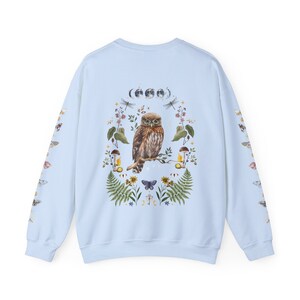 MYSTICAL WOODLAND Sweatshirt with Owl design on the back Frog on the front and Butterflies on Sleeves, Cottagecore Sweater for Nature Lovers Light Blue