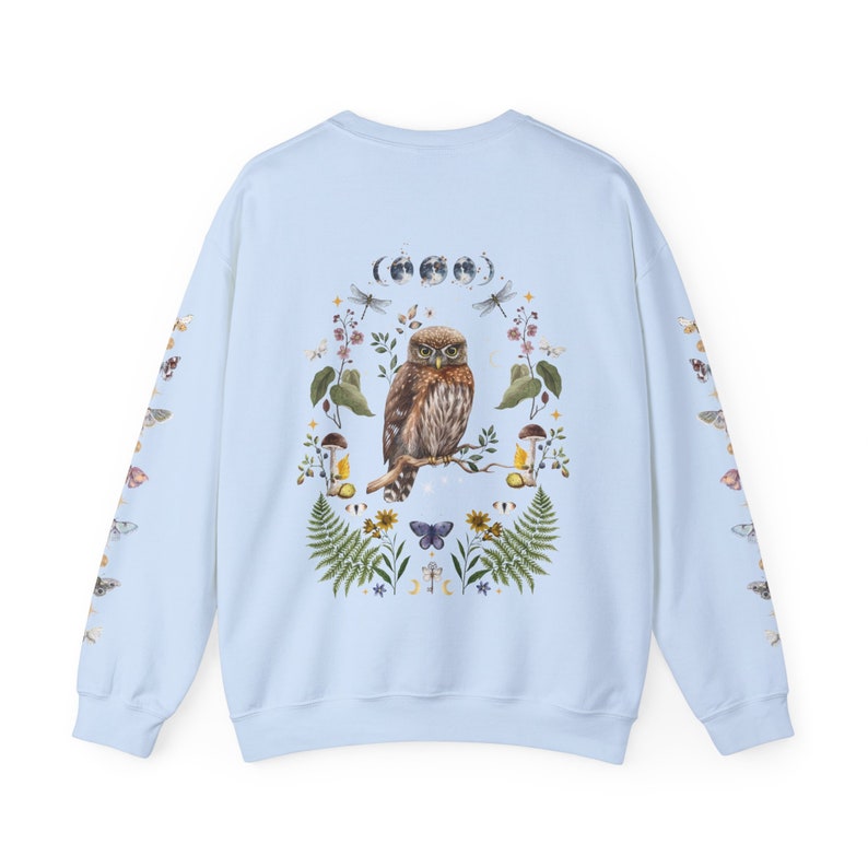 MYSTICAL WOODLAND Sweatshirt with Owl design on the back Frog on the front and Butterflies on Sleeves, Cottagecore Sweater for Nature Lovers Light Blue