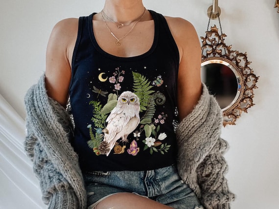 SNOWY OWL Tank Top, Mystical White Owl Tank Top, Witchy Tee, Racerback Tank Top, Forest Bird Shirt, Forestcore Shirt, Cottagecore Tank Top