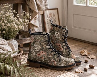 Vintage Owl Floral Combat Boots, Boho Floral forest birds boots, boho boots, Lace Up Boots, Nature Inspired Gifts, Witchy Aesthetic Footwear