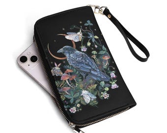 RAVEN Vegan Leather Wallet, WITCHY PU Leather Wallet, Whimsigoth Wallet, Dark Cottagecore Wallet, Black Crow Purse, Witchcore Card Holder