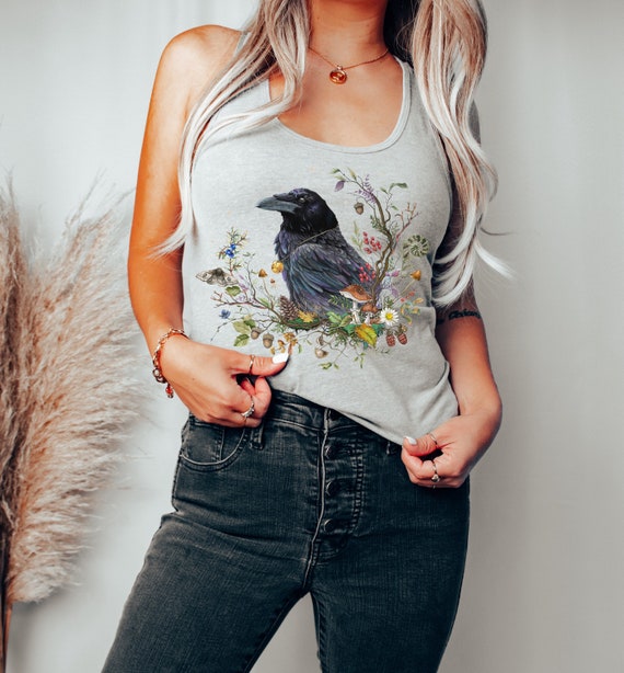 RAVEN Tank Top, Boho Witchy Racerback Tank Top, Black Crow Tank Top, Forestcore Shirt, Mystical Clothing, Magical Wicca Halloween Tank Top