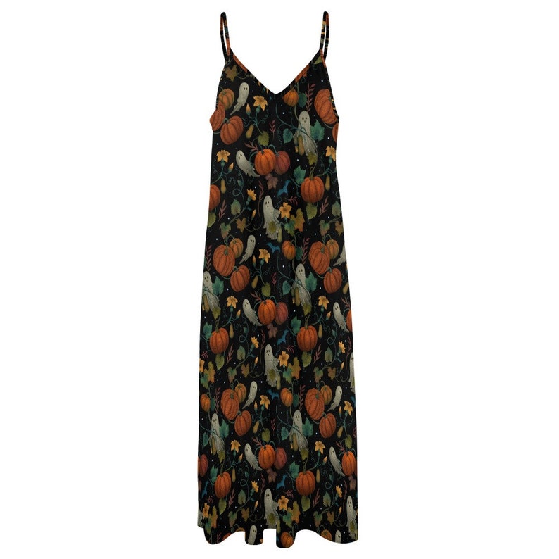 PUMPKIN GHOST Spaghetti Straps Maxi Dress, Boho Witchy Sling Dress, Fall inspired Ankle Length Sundress, Pumpkin Patch Halloween Dress image 4