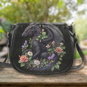 FANTASY DRAGON Crossbody Saddle Bag, Mystical Creature Black Vegan Leather Bag, Witchy Crossbody Purse, Whimsigoth Messenger Bag Bookish Bag