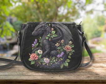 FANTASY DRAGON Crossbody Saddle Bag, Mystical Creature Black Vegan Leather Bag, Witchy Crossbody Purse, Whimsigoth Messenger Bag Bookish Bag