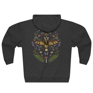 DARK COTTAGECORE Zip Up Hoodie with Vintage Bat Moon Phases Moth Frog Mushroom Butterfly Snails Fern & Wildflowers, Mystical Woodland Hoodie Charcoal Heather