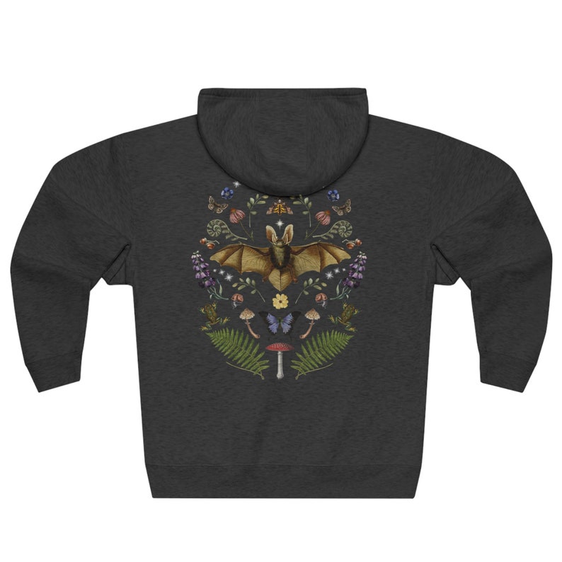 DARK COTTAGECORE Zip Up Hoodie with Vintage Bat Moon Phases Moth Frog Mushroom Butterfly Snails Fern & Wildflowers, Mystical Woodland Hoodie Charcoal Heather