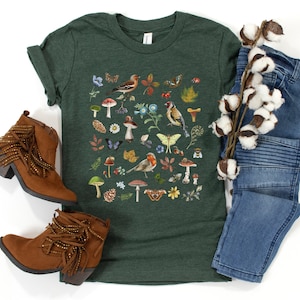 COTTAGECORE T-shirt with Forest Birds Butterflies Autumn Leaves Vintage Mushrooms and Butterflies, Nature Lover Shirt, Woodland Shirt