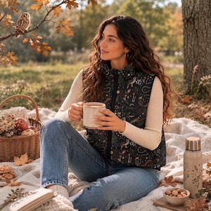 May include: A woman wearing a black vest with a nature-themed print, holding a mug. The vest features a pattern of plants and animals. She is sitting on a blanket with a basket, thermos, and snacks nearby. An owl perches on a tree branch.