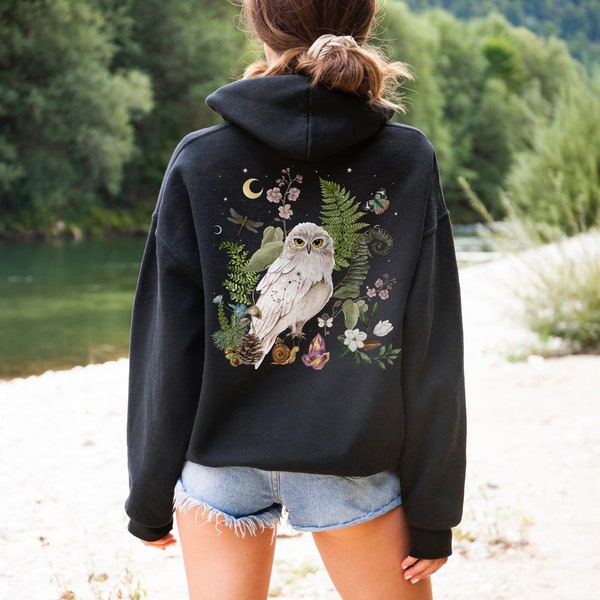 MYSTICAL WHITE OWL Full Zip Up Hoodie, Magical Floral Snowy Owl Hoodie, Forest Bird Cottagecore Sweater, Nature Shirt for Animal Lover