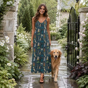 CUTE DOGS Sling Dress, Rain Puppies Ankle Length Sling Dress, Garden Party Style Maxi Dress, Cottagecore Sundress, Dog Mama Gift, Fall Dress immagine 1