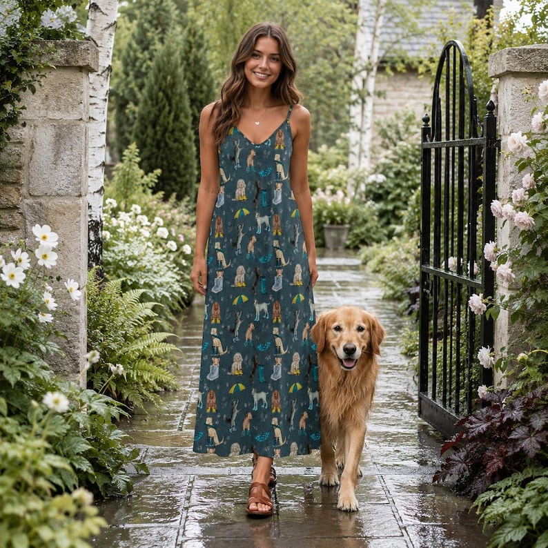 CUTE DOGS Sling Dress, Rain Puppies Ankle Length Sling Dress, Garden Party Style Maxi Dress, Cottagecore Sundress, Dog Mama Gift, Fall Dress immagine 1