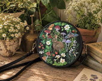 FLORAL BUNNY COTTAGECORE Round Crossbody Bag, Vegan Leather Purse, Nature inspired Sling Bag, Black Messenger Bag, Cute Bunny Circle Purse