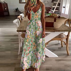 FRUIT GARDEN Sling Dress, Ankle Length Summer Sundress, Garden Party style Dress, Cottagecore Dress, Pastel Flowers Fruits & Berries Dress