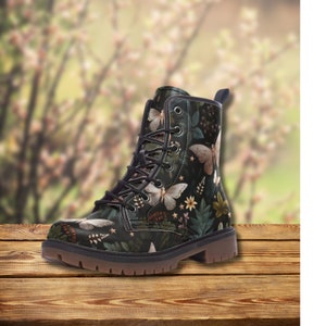 NIGHT GARDEN Vegan Leather Combat Boots, Mystical Moth Vegan Leather Lightweight Combat ,Witchy Women Gift, Whimsigoth Combat Boots